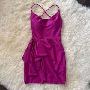 Blondie Nites Short Silky Magenta Dress with Ruffle Flaps and Criss-Cross Back